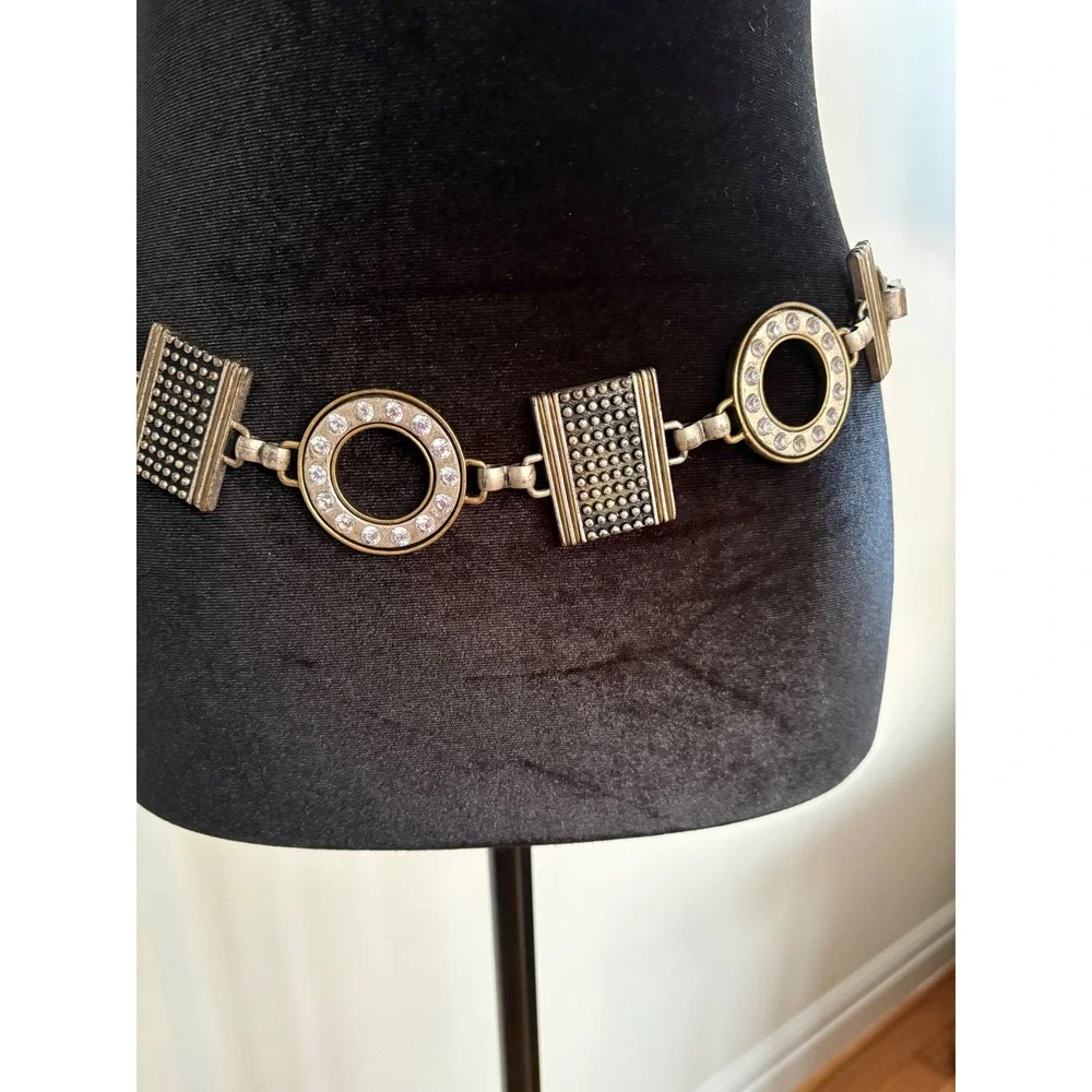 Chicos Womens Mixed Metal Crystal Embellished Leather‎ Statement Belt Black ML